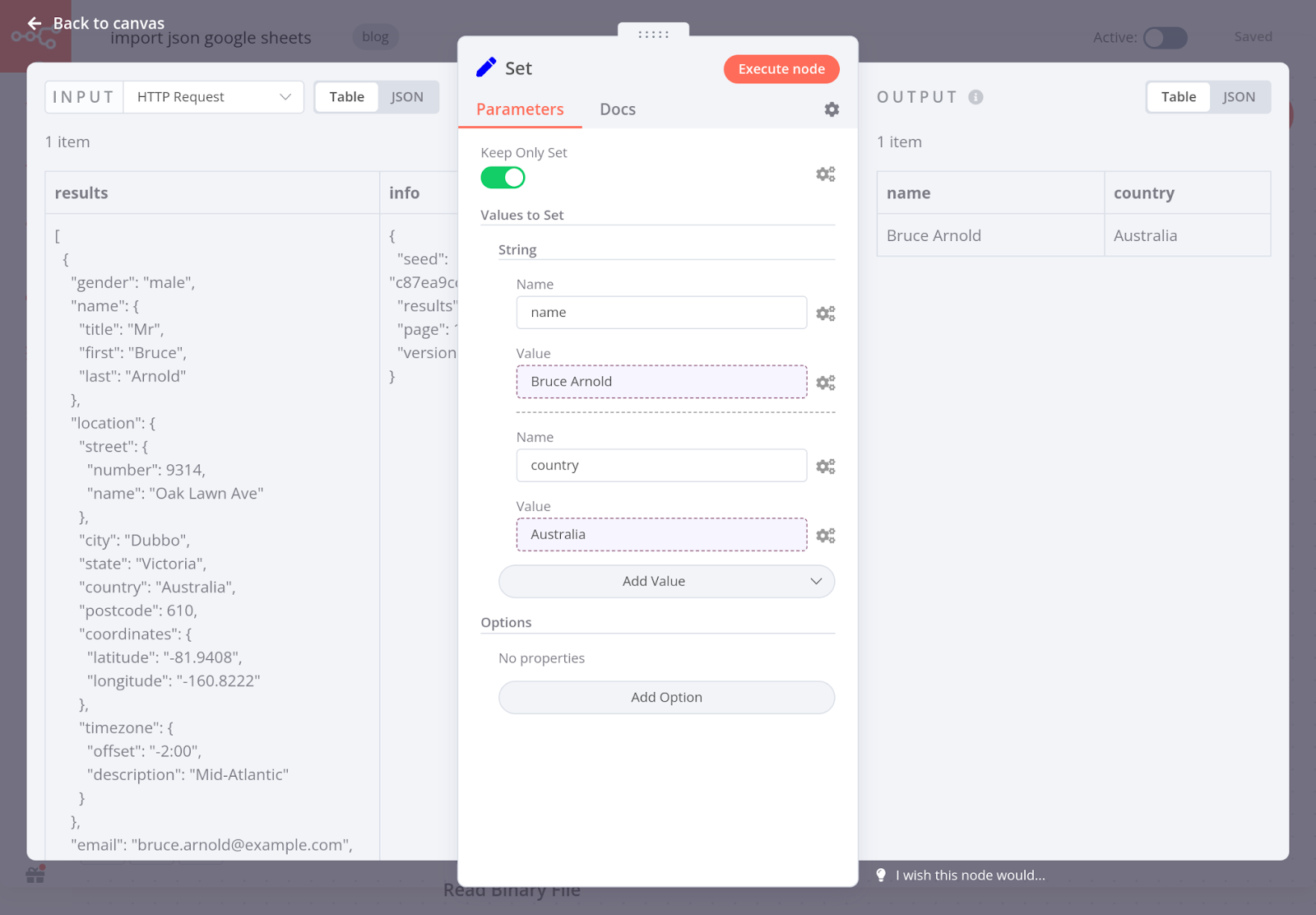 set node result