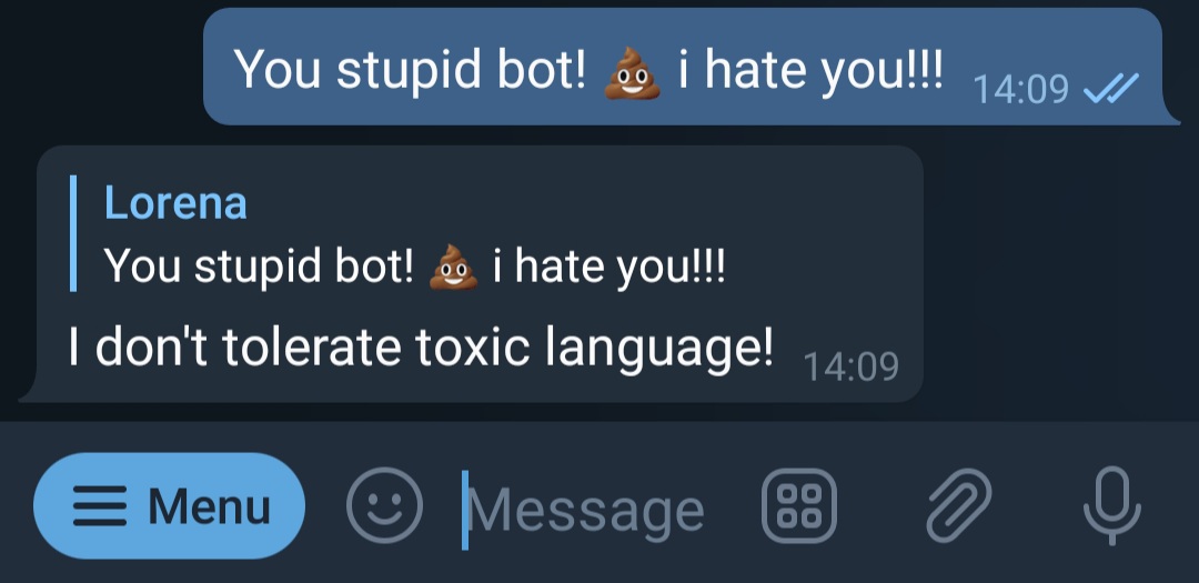 Bot response to a toxic message in Telegram